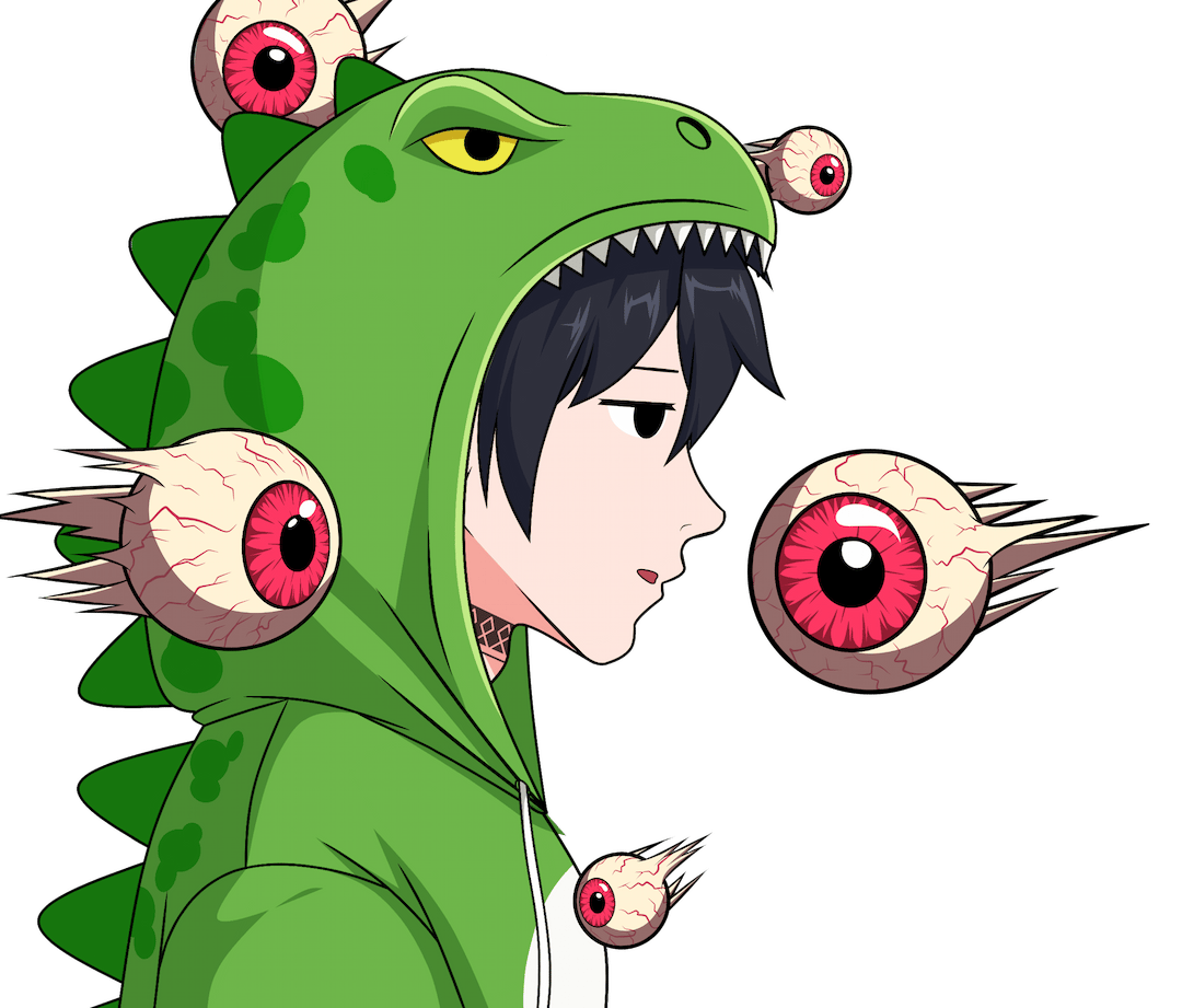 An anime Adaki character in a dinosaur suit, with eyeballs flying around