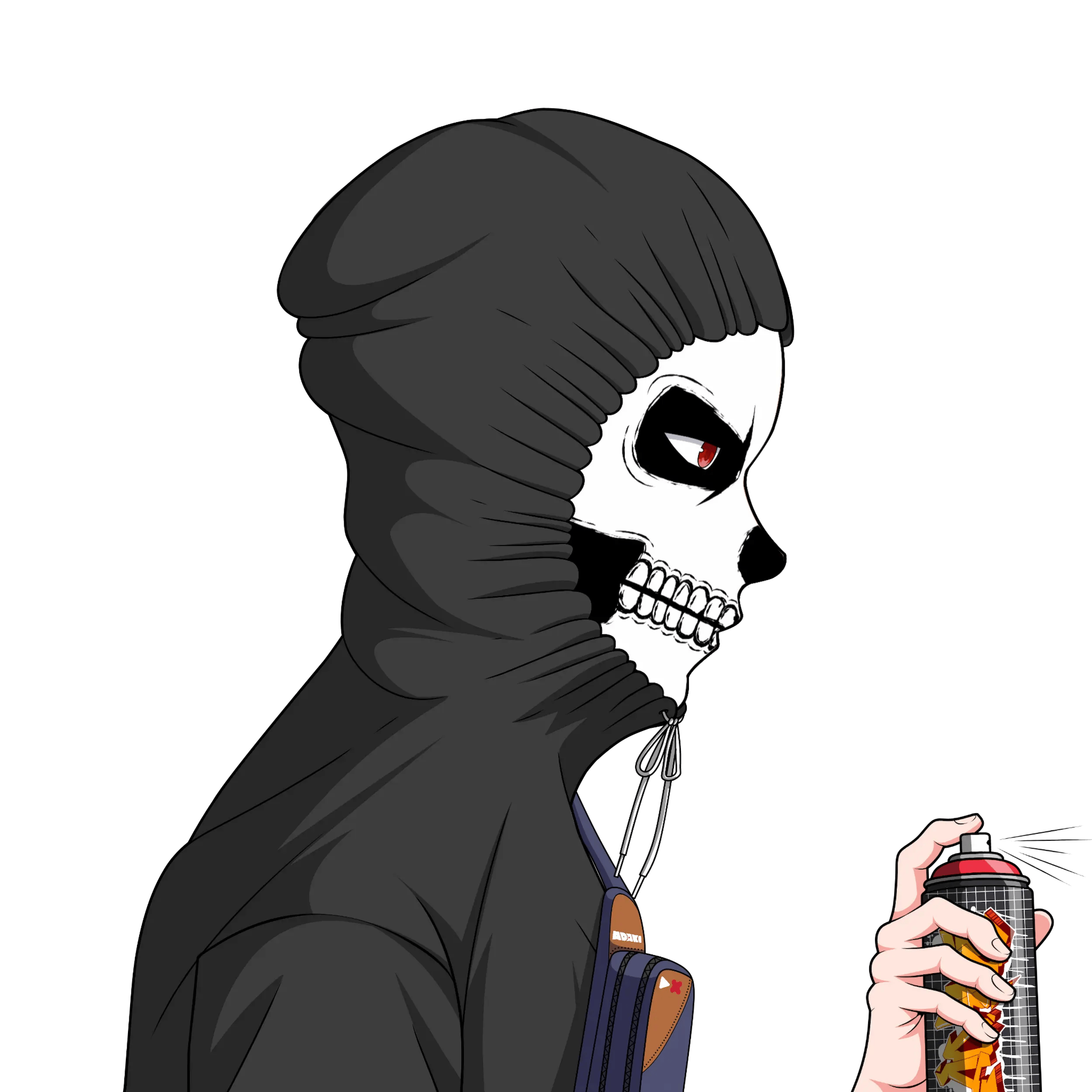 An anime illustration of an Adaki character with skull face paint, a hoody with a hood tightly wrapped around his face, holding a spray can